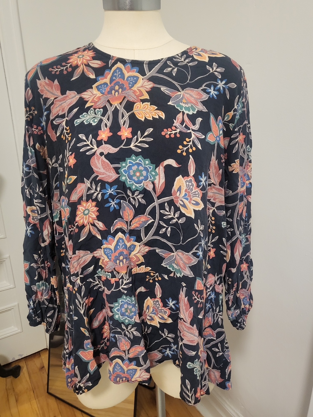 Navy Floral Peplum Blouse - Women's Long Sleeve